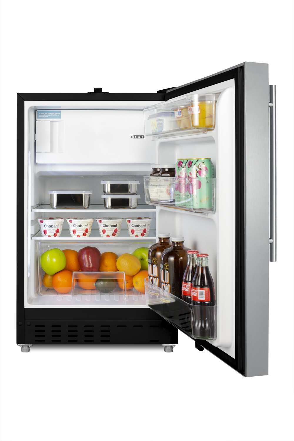Built-in undercounter ADA compliant refrigerator-freezer in black with reversible SS door, thin vertical handle for residential use, manual defrost with glass shelves, front lock, and door storage